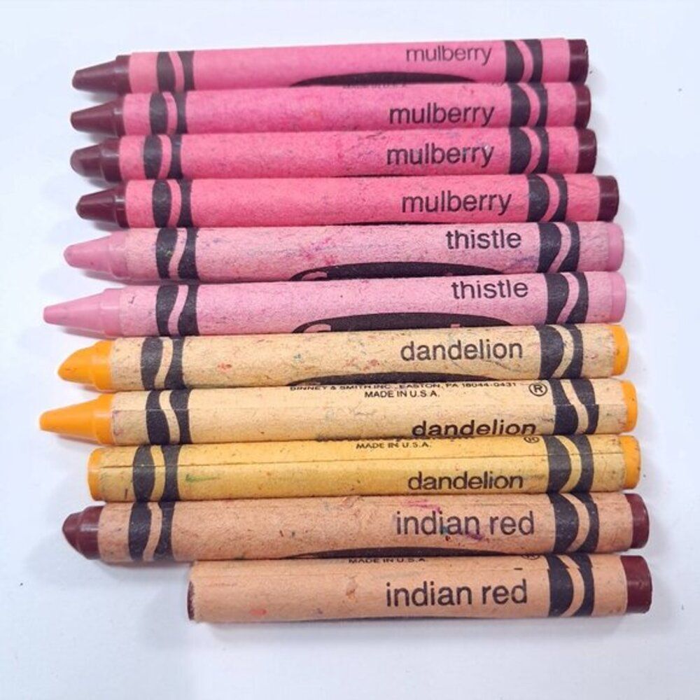 Vintage Crayola Crayons retired Indian red Dandelion Thistle Mulberry USA Binney